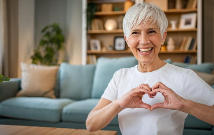 An Elderly Woman Making A Heart With Her Hands And Holding It In Front Of Her Chest.